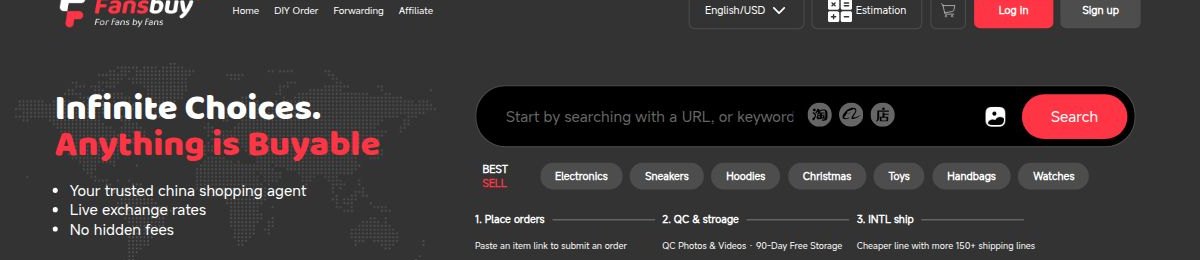 Official FansBuy paste bar: Goods/shop's link or name and the three steps below